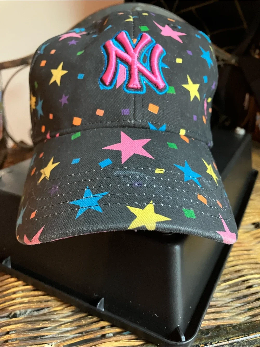 Kids Black Cap with Multicolor Stars & Pink-Blue Logo & FREE lip balm & bracelet